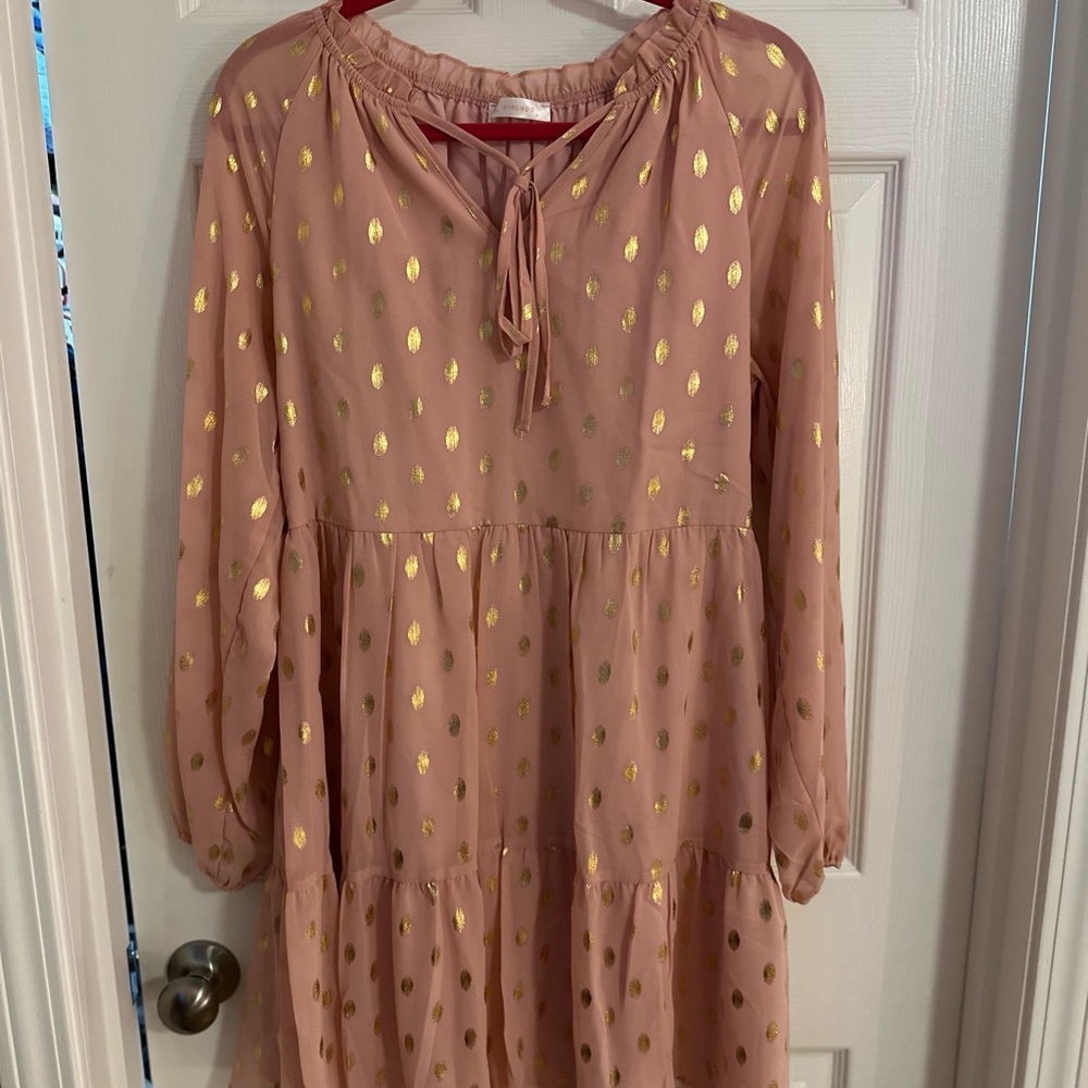 Blush Pink Kirra Gold Polka Dot Tiered Dress Boho Long Sleeve